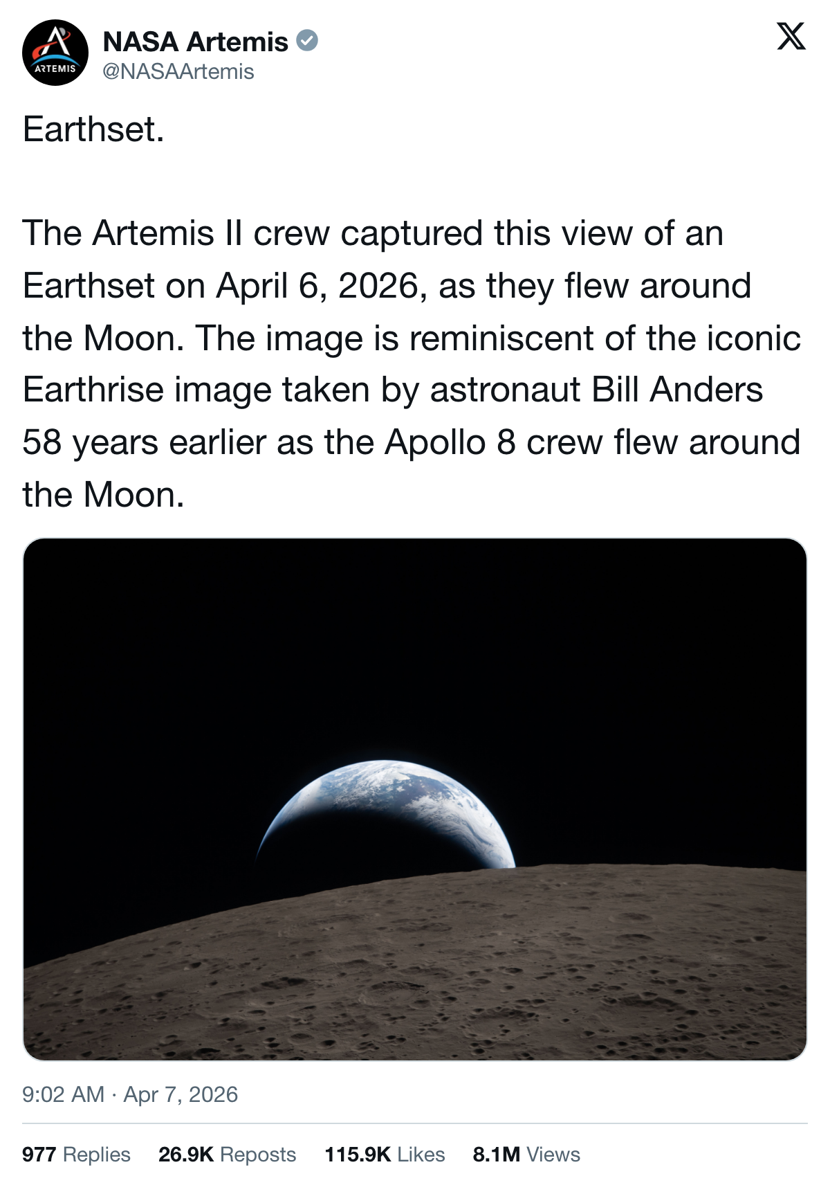 Rendered light-theme card of NASA Artemis's Earthset photo post
